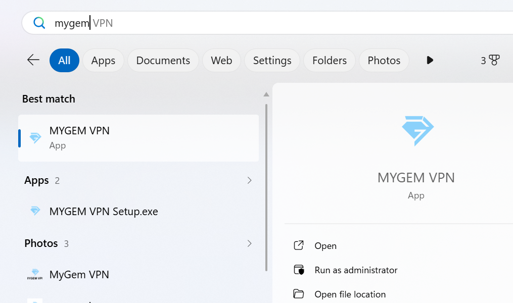 Step 8: Search MYGEM VPN in Start Menu
