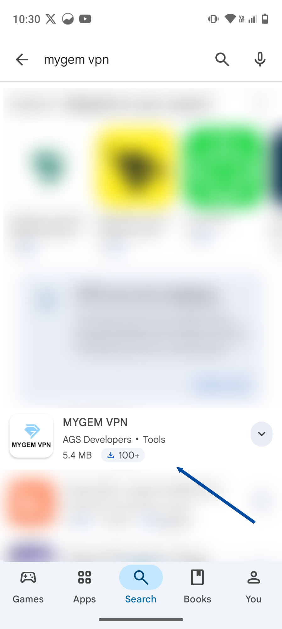 Screenshot of searching 'mygem vpn' in the Google Play Store search bar.