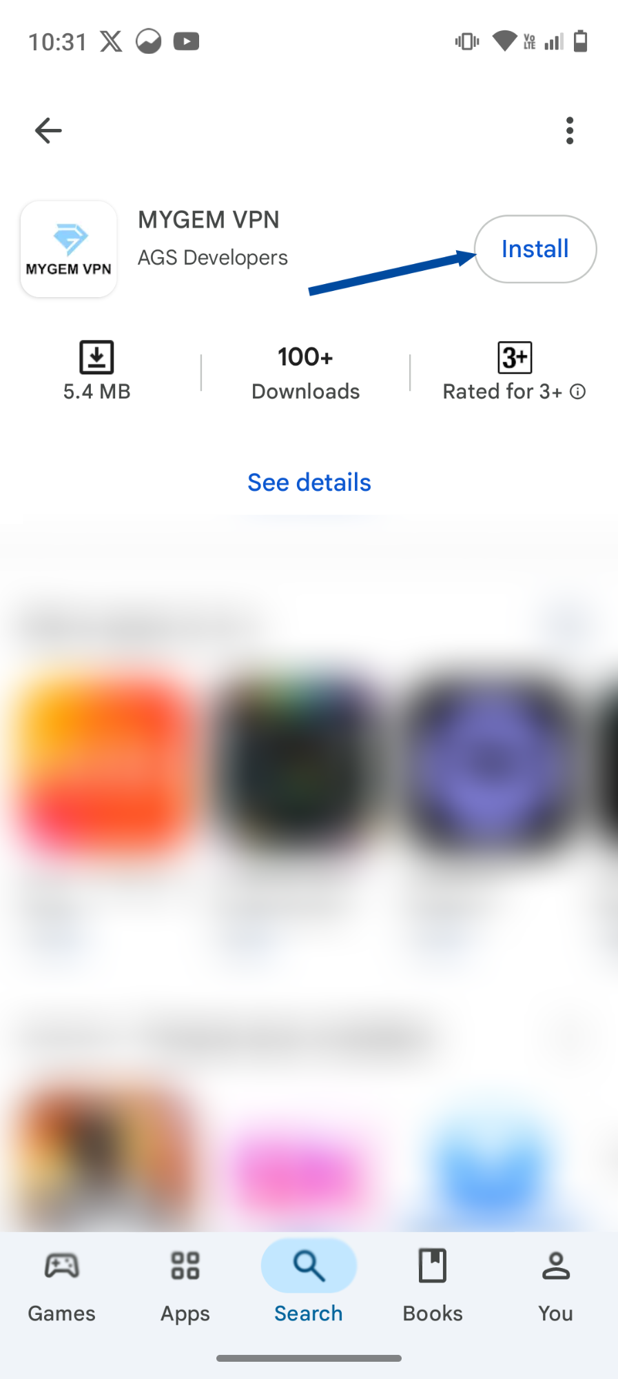 Screenshot of MYGEM VPN app page in Google Play with the 'Install' button highlighted.