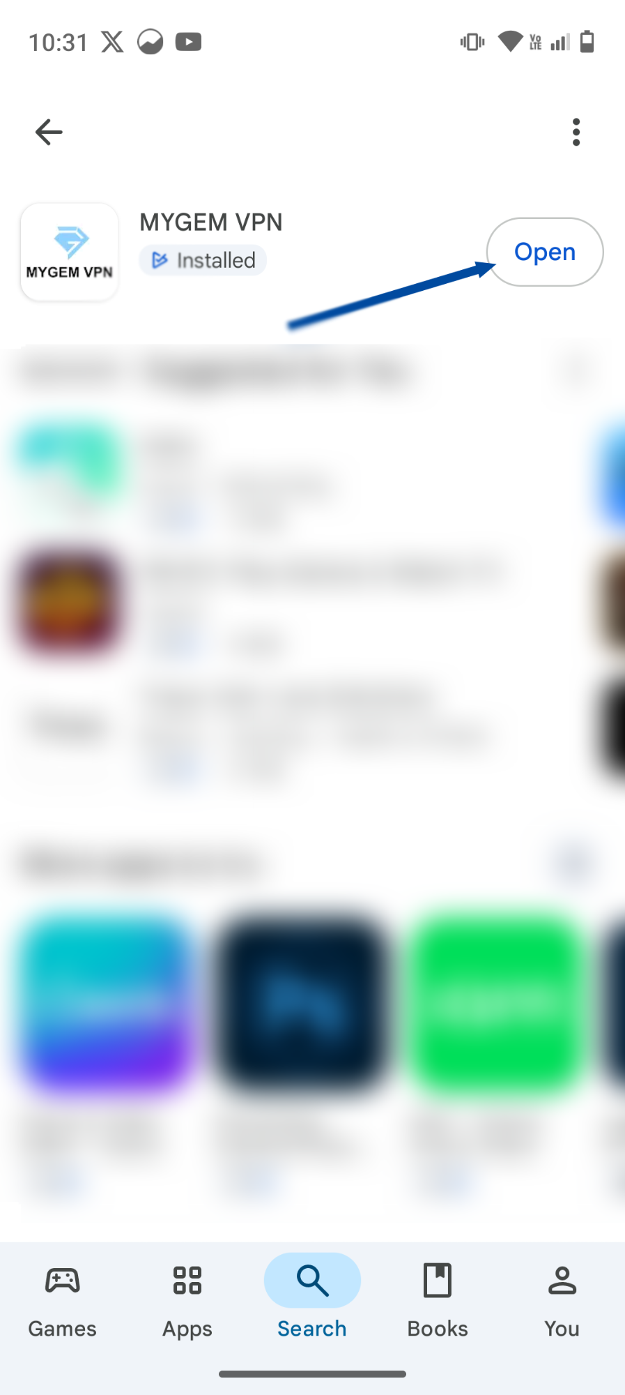 Screenshot of MYGEM VPN app page in Google Play with the 'Open' button highlighted.