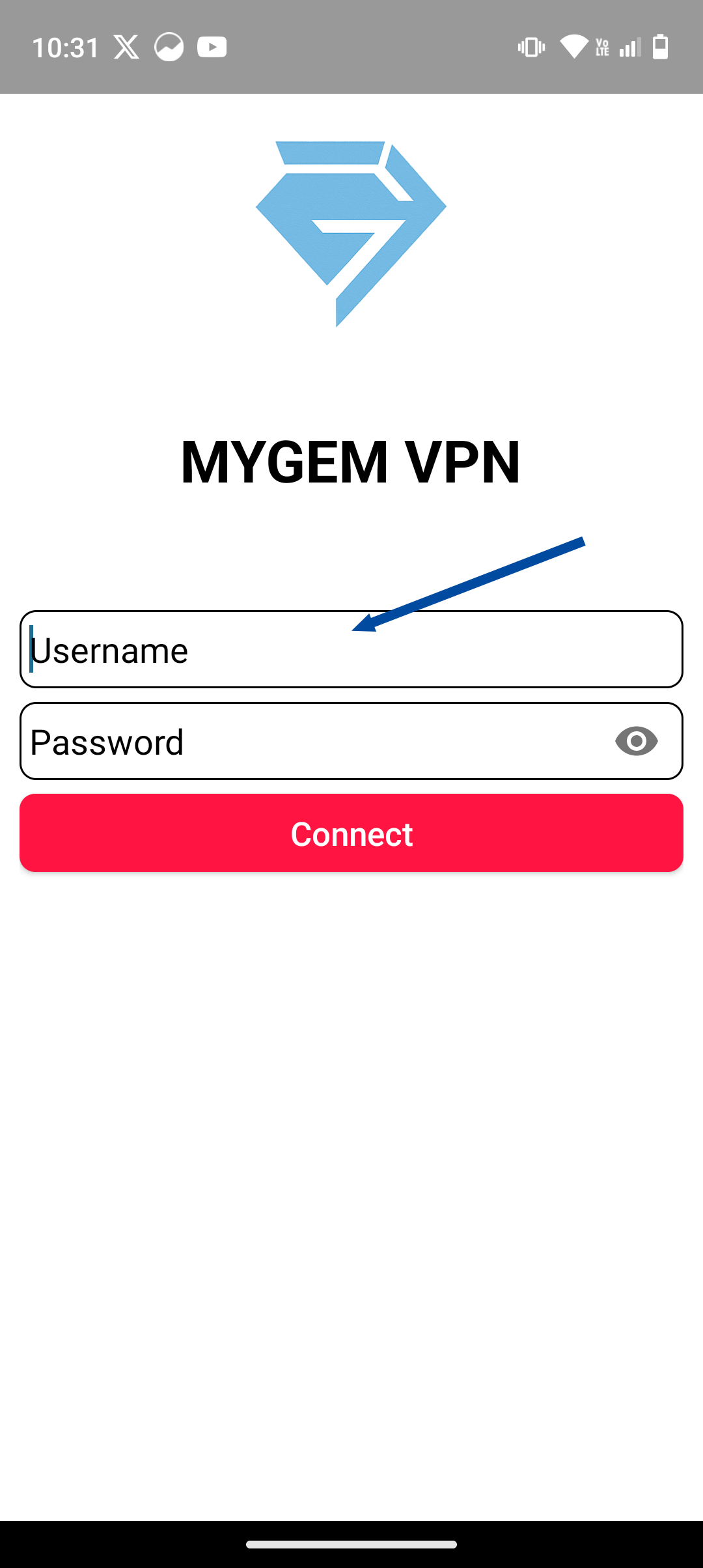 Screenshot of the MYGEM VPN login screen with fields for Username and Password.