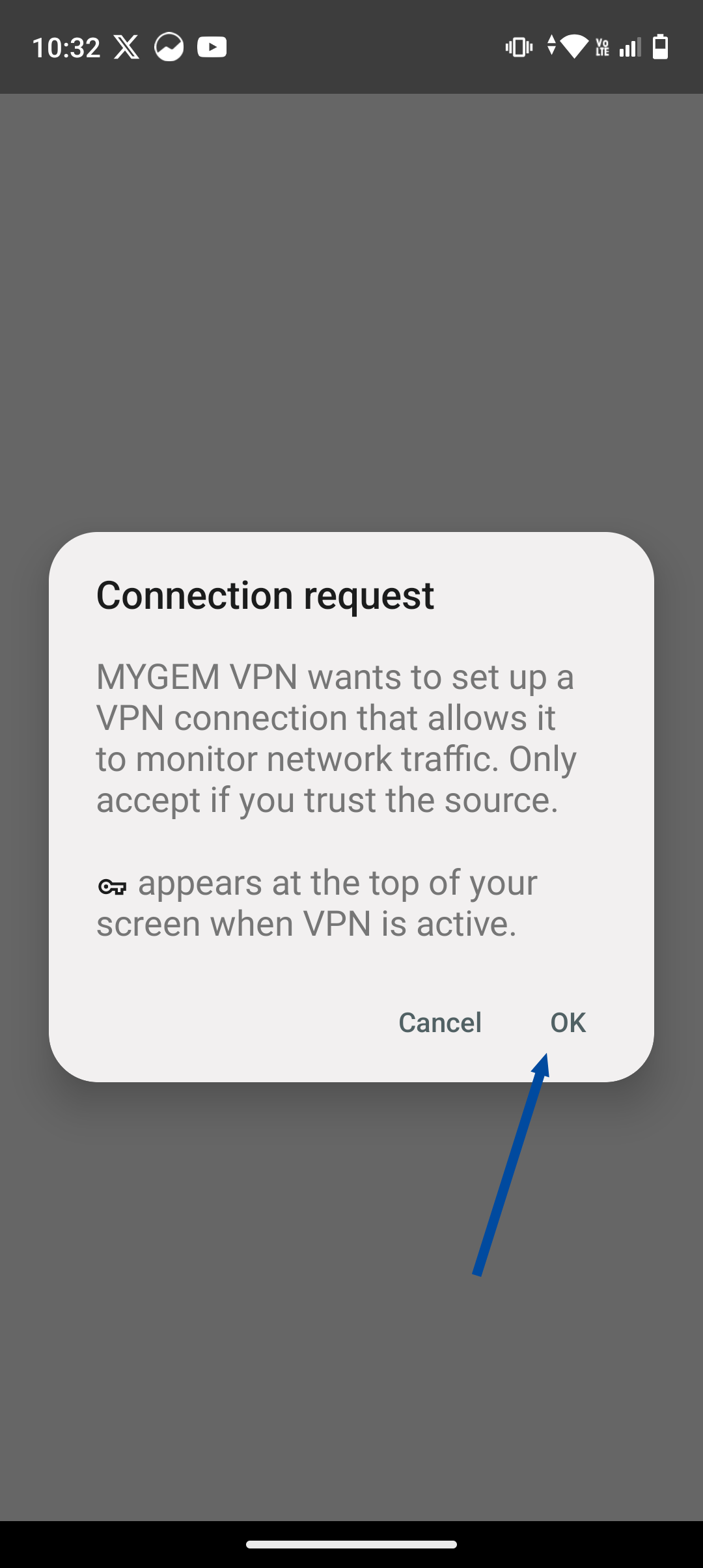 Screenshot of the Android VPN 'Connection request' dialog with the 'OK' button highlighted.