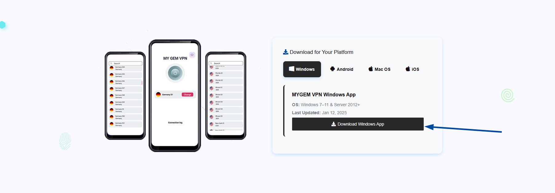 MYGEM VPN download page showing platform options and a highlighted 'Download Windows App' button