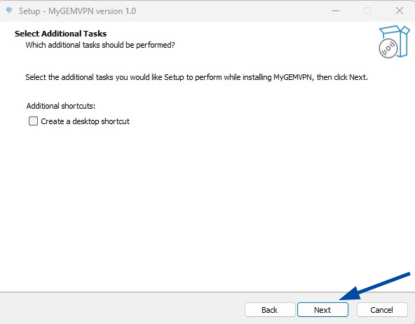 MYGEM VPN setup screen for selecting additional tasks, with 'Next' button highlighted