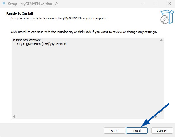 MYGEM VPN setup screen showing it is ready to install, with 'Install' button highlighted