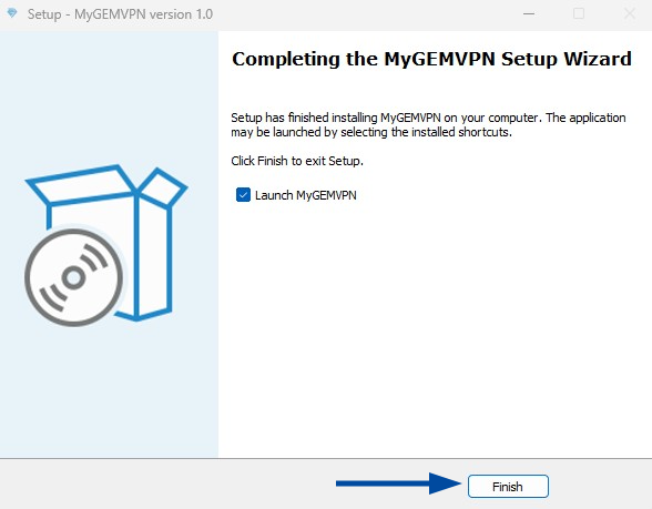 MYGEM VPN setup completion screen with 'Launch MyGEMVPN' checked and 'Finish' button highlighted