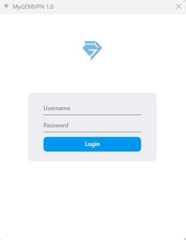 MYGEM VPN login screen with fields for Username and Password, and a Login button