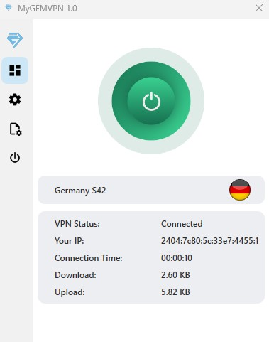 MYGEM VPN app interface showing connection status as 'Connected' to 'Germany S42'
